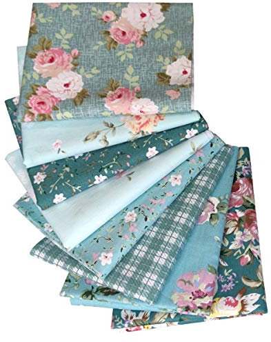 Qililandiy 8pcs Cotton Fabric 100% Cotton with Green Rose Grid Different Patterns Patchwork DIY Fabric 46x56cm Cut for Sewing Crafts Deco