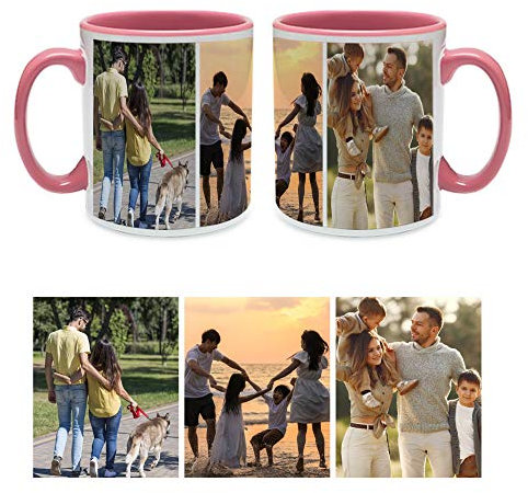 Personalised with Three Photos/Multi Photo Printed Collage Mug, Novelty, Ceramic Pink Inside Colour Mug, Memorable Gift Ideas for Family, Friends, Birthday, Any Special Occasion. (3 Photos)