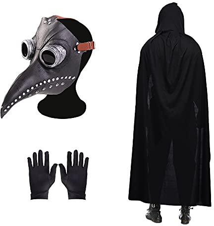 Pest Arzt Maske Halloween Vogel Maske Retro Nieten Steampunk Latex Maske Halloween Kostüm Requisiten mit Schwarz Kapuzenumhang, Schwarze Handschuhe für Halloween Party Cosplay Maskerade