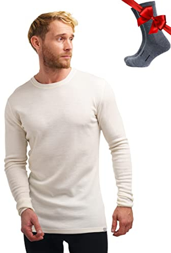 100% Merino Wool Base Layer Men - Long Sleeve Thermal Shirt + Hiking Socks | All Season Mens Thermal Top, Odor-Resistant, Moisture-Wicking, Breathable, Itch-Free, for Hiking, Skiing, Travel