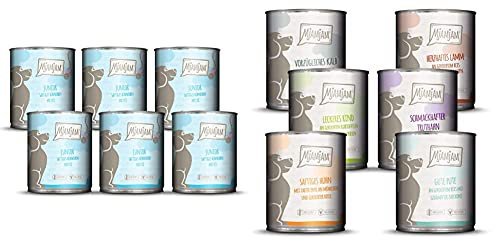 MjAMjAM - Premium Nassfutter für Hunde - Junior saftiges Hühnchen mit Ei, 6er Pack (6 x 800 g) & - Premium Nassfutter für Hunde - Mixpaket II, 6er Pack (6 x 800 g), Getreidefrei mit Extra Viel Fleisch