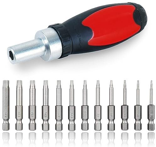 TUAKIMCE 12Pcs Torx Head Screwdriver Bit Sets, 50mm 1/4 Inch Hex Shank T5-T40 S2 Steel Screwdriver, Magnetic Star Torx Security Screwdriver Bits Set with 1 Pack of Handles