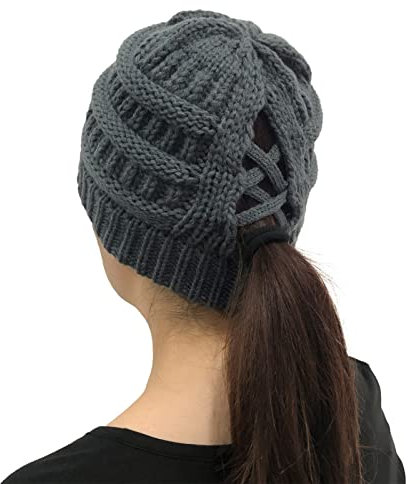 Damen Strickmütze - Gestrickt Verdicken Wintermütze Mit Zöpfen Loch Loop Gefütterte Beanie Plain Warme Hut Hohe Bun Pferdeschwanz Mütze (Grey)