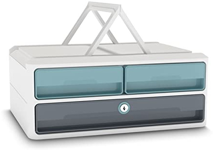 CEP Support d'écran PC ordinateur Module de Rangement 3 Tiroirs avec Serrure verrouillage Réhausseur de moniteur MoovUp Secure Riviera Vert d'Eau Gris