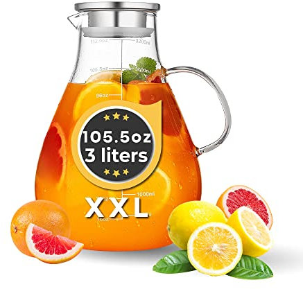 Xabono 3L Glaskrug mit Deckel, 2,993.7 g Glaskaraffe mit Edelstahldeckel, großer Glaskrug mit Deckel für Sangria, Limonade, Eistee