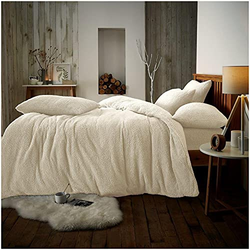 Teddy Bear Fleece Kingsize Duvet Cover Set – 3-Piece Soft & Cosy Luxury Fluffy Bedding, 2 Pillowcases, Warm Comforter Quilt Cover, Cream