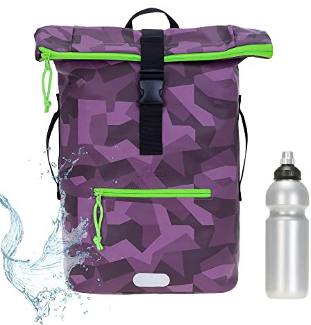 Rucksack Herren Plane Time Bag Kurierrucksack Roll-Top Fahrradrucksack Sport Fitness Damen 23 Liter A4 12821 + Flasche (12824 Cyber Camo Violett)