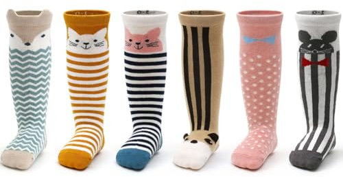 FedMois Calcetines Hasta la Rodilla Antideslizantes para Bebé Niño Niña Pack de 6, Animales, 0-12 meses