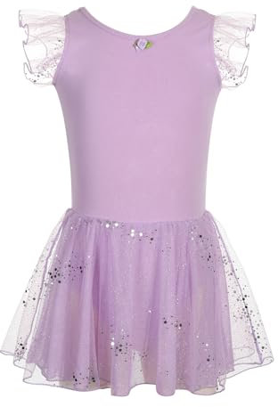 HIPPOSEUS Ragazze Vestito da Balletto Paillettes Tutu Bambine Body per Danza Ginnastica Manica Corta con Gonna,Y-05TUTU-Viola,11-12 anni