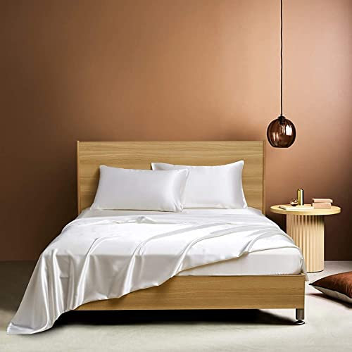 Drap Housse 180x200cm Satin Bonnet 30 cm Blanc Crème Microfibre Motif Parure Drap de lit Soie Drap-Housse 180 x 200cm Uni Lisse Respirant pour Matelas Épais,Grand Bonnet 180 200