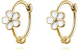 Reffeer 925 Sterling Silber Gänseblümchen-Creolen für Damen, kleine Huggie-Ohrringe, Blumen-Ohrringe, Creolen (B-18K Gold Plated)