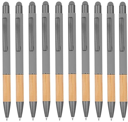 noTrash2003 10 ergonomische Kugelschreiber mit Metallspitze und Bambus Griffzone und Touchfunktion 10 Farben Druckkugelschreiber Mehrfarbig blauschreibend (Grau)