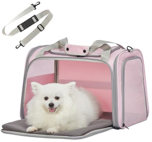 Petsfit Transportbox Katze kleine Hunde leicht Hundetasche für kleine Hunde Katzen Transporttasche Hundetragetasche,Hunde Tragetasche Hund mit Schutzgurt & erweiterbare Matte, L/Rosa