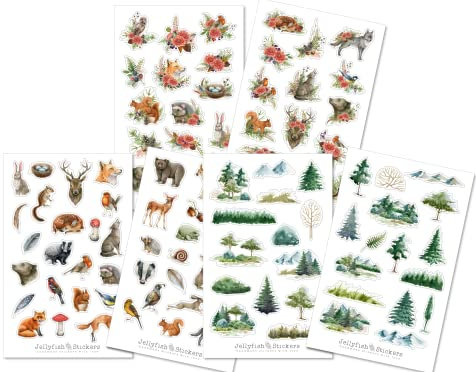 Waldtiere Sticker Set - Journal Sticker, Sticker Natur, Wald, Bäume, Wildnis, Wälder, Wolf, Fuchs, Bär, Reh, Blumen, Blätter, Pflanzen