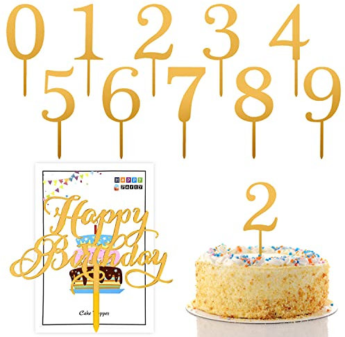 10 Number Cake Plug in, with 1 Happy Birthday Plug in, Mini 0-9 Plug in Set, Acrylic Cake Decorating Supplies, Suitable for Birthday Party, Anniversary Party, Wedding Party (Golden)