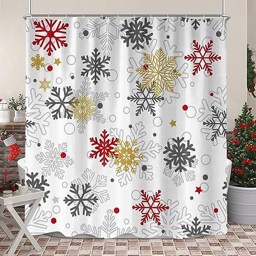 Sanzugh Rideau de douche de Noël en tissu avec crochets - Motif flocons de neige gris doré - 183 x 183 cm