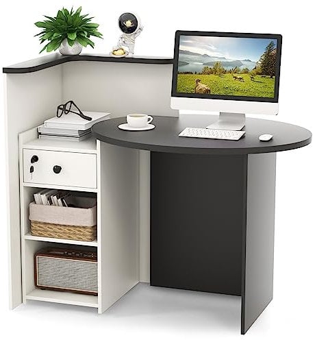 COSTWAY Reception Desk, Front Counter Desk with Lockable Drawer and Adjustable Shelf, Corner Cashier Retail Checkout Table Computer Desk for Beauty Salon Lobby Shop Office (White+Black)
