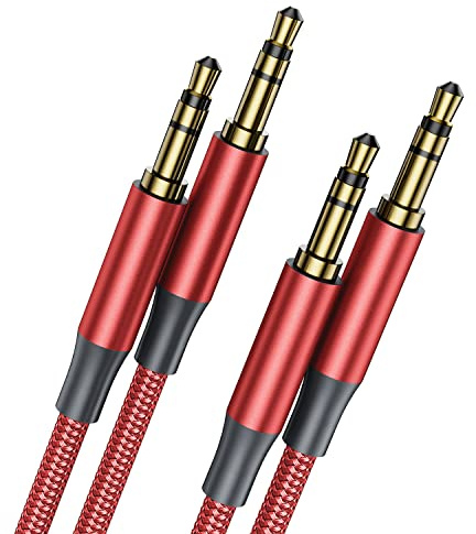 AUX-Kabel, 3,5 mm, 2 Stück, 8 m + 8 m, Nylon, geflochten, für Auto, Kopfhörer, iPhone, iPad, iPod, Samsung, MP3-Player, Smartphone, Echo Dot, Tablet, Heimstereoanlagen, Laptop und mehr, Rot
