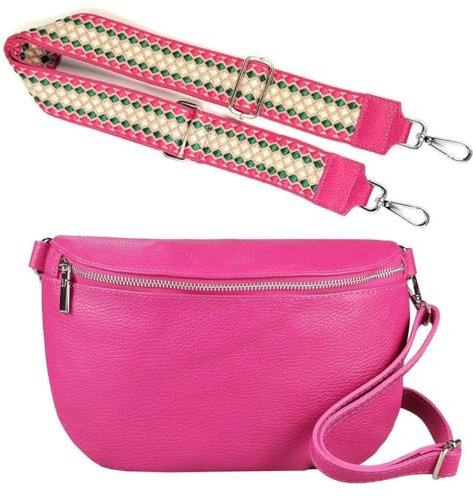 Made in Italy OBC Damen Set Gürteltasche + Schultergurt Leder Crossbody Hüfttasche Bauchtasche Umhängetasche Brusttasche Crossover Bodybag Schultertasche Handy Geldtasche Tasche Pink M Gürtel