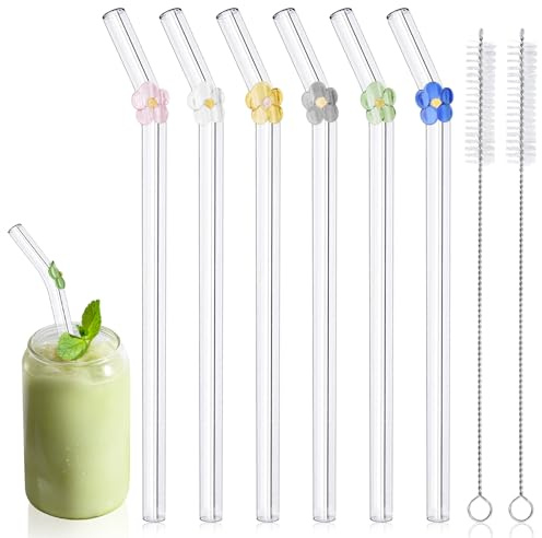 6 cannucce di vetro grandi con 2 spazzole per la pulizia, graziose cannucce in vetro colorate a forma di fiore, infrangibili, riutilizzabili, lavabili in lavastoviglie per frullati, frullati, succhi