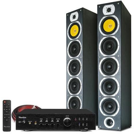 Fenton SHFT57B Floor Standing Speakers with Audizio AD220B HiFi Amplifier - Tower HiFi System with Bluetooth, Passive Resonator, Speaker Cable Kit Included