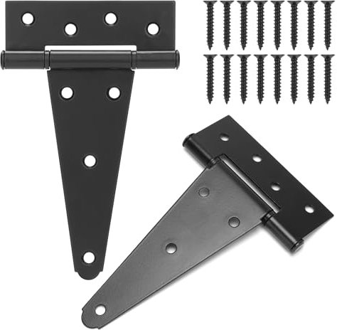 YONSIN Lot de 2 charnières de porte d'abri de jardin à sangle en T de 15,2 cm avec interrupteur silencieux, charnières en T noires robustes pour portail de clôture en bois, charnières en T