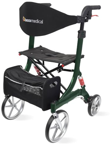 Leichtgewicht-Rollator Spring - Gehhilfe mit Komfort-Federung - höhenverstellbar & faltbar - inklusive Netztasche & Rückengurt - bequeme Sitzfläche - zusammenklappbar - Modell S Jadegrün
