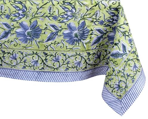THE Unltd India Helles Olivgrün, 100 % Baumwolle, quadratisch, Boho, Frühlingstischdecke, Blockdruck, Blumen-Tischdecke, Leinen für Esszimmer, Partys, Hochzeiten, im Freien, Heimdekoration, 150 x 150