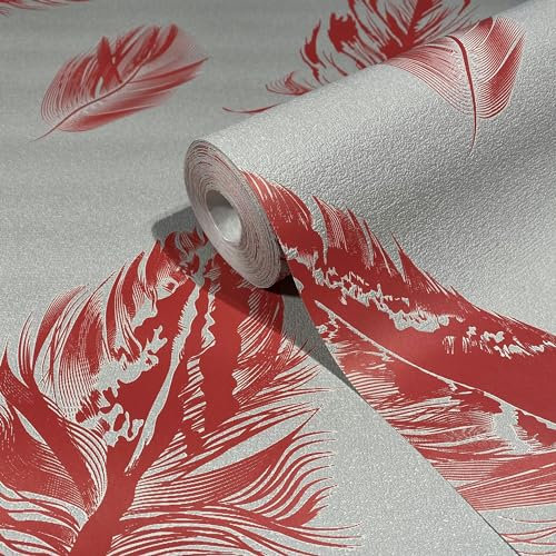 marburg Tapete Grau Rot Grafisch Federn Modern Natur für Wohnzimmer Schlafzimmer Küche MADE IN GERMANY 10,05 x 0,53m