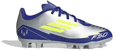 adidas Unisex Kids F50 Club Football Boots FG/MG, Silver met./Solar Yellow/Lucid Blue, 5 UK