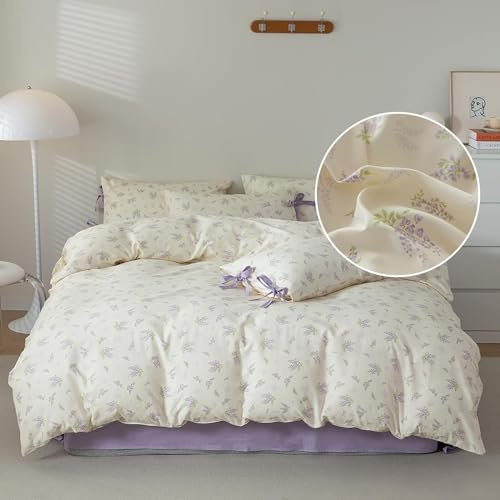 LifeTB Set di biancheria da letto matrimoniale XL lilla con fiori viola vintage giardino floreale set soffice morbido piumino botanico con 2 papillon federe per ragazze donne Twin XL taglia