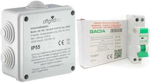 Offgridtec Umschaltstation für Netzvorrangschaltung USV Betrieb US230/12 12A 2700W 230VAC & GACIA RCBO B10 1P 30 mA Typ A GACIA Leistungsschalter