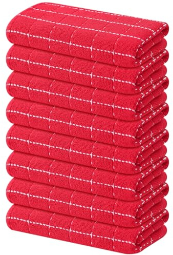 Mordimy 100% Baumwoll-Frottee-Küchentücher, superweiche und saugfähige Geschirrtücher zum Trocknen, Kariertes Design, Handtücher für Küche, 40,6 x 66 cm, 8 Stück, Rot