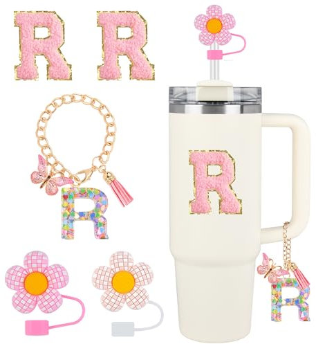 Stanley Cup Accessories, 5PCS Tumbler Initials Decorations Straw Toppers for Cup Straw Cover Cap, Cute Letter Charms for Stanley 40 oz 30 oz Tumbler, Sticker (R)