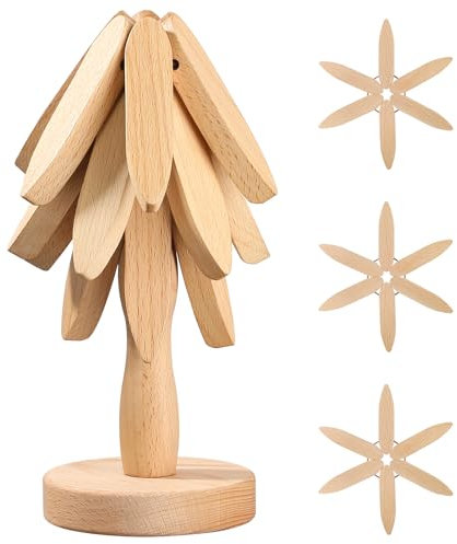 Markcco Dessous de Plats en Bois pour Plats Chauds, 3 Dessous de Plats en Bois + 1 Support rangé comme Un Sapin de Noël, Dessous de Plat en boi de hêtre pour casseroles, poêles, Bols, théières