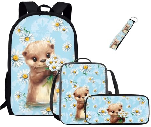 Jeiento Cute Otter Kids School Backpack Set with Lunch Bag Pencil Case Keychain for Little Boy Girl Primary School