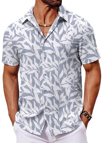 COOFANDY Chemise hawaïenne à manches courtes pour homme - Chemise d'été boutonnée Aloha, Feuilles de palmier bleues et blanches, L