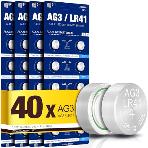 5Plus - Confezione da 40 batterie alcaline a bottone LR41 AG3 392 192 SR41SW L736 LR736 LR736 da 1,5 V, ideali per orologi, calcolatrici, giocattoli e piccoli dispositivi elettronici