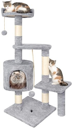 Arbre à Chat,112cm Tour de Jeux Stable pour Chat,Arbre à Grimper Multi-Niveaux avec 4 Poteaux en Sisal, 3 Plateformes, 1 Nid Douillet Chaton-Gris