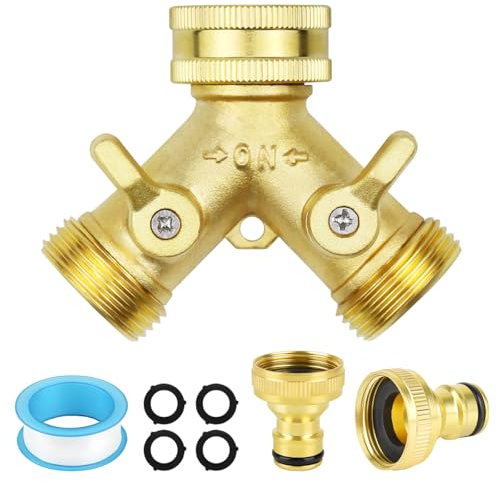 2 Way Brass Garden Tap Splitter, Outside Tap Splitter, Double Way 3/4'' Garden Hose Splitter with 2 Quick Connector, Individually Controllable Valves, for Outdoor & Garden Irrigation