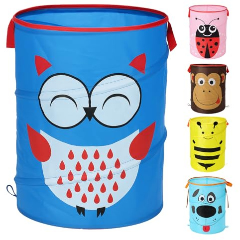 Murago - Wäschekorb faltbar mit Griffen ca.47x40x40cm Eule - Pop Up Wäschesack für Kinder Spielzeugkorb Wäschesammler Aufbewahrung Blau Box Korb Dekoration Kinderzimmer Baby leicht Reise Popup