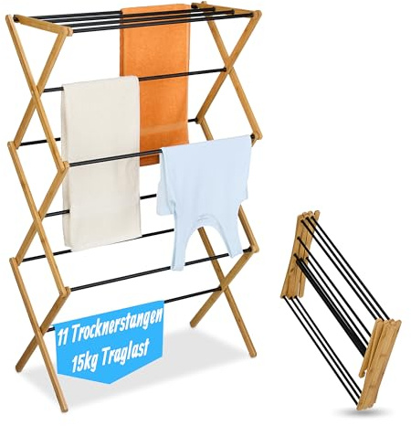 Relaxdays folding clothes dryer, 11 rails, HxWxD: 115 x 73 x 33 cm, bamboo, metal, tower dryer, natural/black