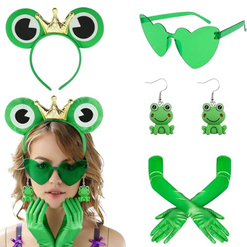 4 Stück Frosch Kostüm Damen,Frosch Kostüms Erwachsene | Frosch Haarreif Ohrringe,Haarschmuck,Grüne Herzbrille Herz,für Karneval Party Kostüm
