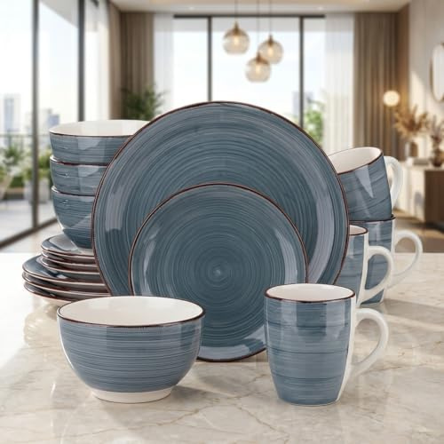 Alivio 16-Piece Porcelain Dinner Set, Lead-Free Blue Glaze Dinnerware Set for 4, Microwave & Dishwasher Safe Plates, Bowls & Mugs (Grey)