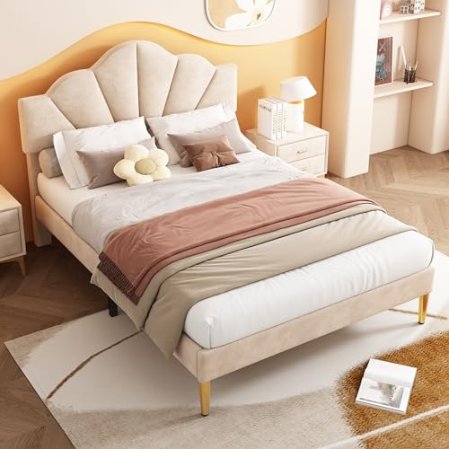 HaoChrymec Polsterbett aus Velours, 140x190 cm, Doppelbett mit Kopfteil in Muschelform, goldene Metallfüße, höhenverstellbar, Holzlattenrost, beige