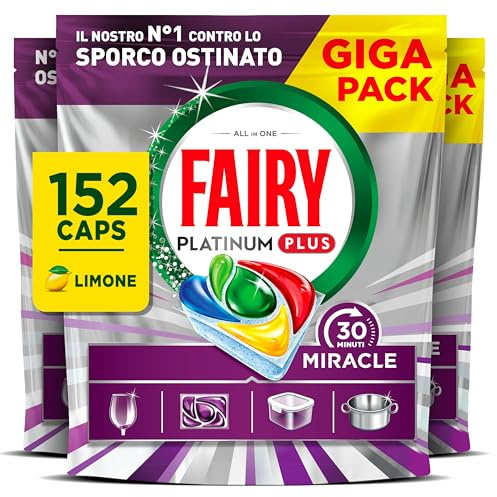 Fairy 30 Minuti Miracle Pastiglie Lavastoviglie, 152 Caps, Limone | Detersivo in Capsule, Nostro N.1 Contro Sporco Ostinato, Potente Anche nei Cicli Brevi, Potere Combinato dei 5 Gel, Giga Pack