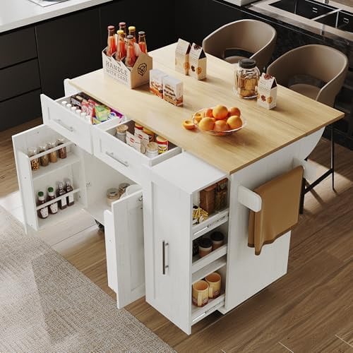 Kitchen Island on Wheels, Rolling Kitchen Storage Trolley with Foldable Tabletop, 3-in-1 Multifunctional Dining Table with Shelves Drawers Towel Rail & Spice Rack, Serving Cart Extendable (White-F)