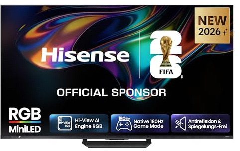 Hisense 55UR8DS Fernseher 55 Zoll, 4K UHD, RGB Mini LED, Smart TV, 180Hz, Hi-View AI Engine RGB, Dolby Vision.Atmos, AI RGB Lichtsensor, AI 4K Upscaler, AMD FreeSync Premium Pro, Tuned by Devialet
