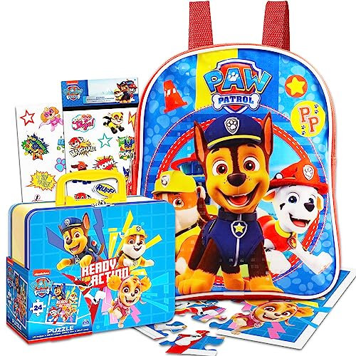 Paw Patrol Preschool Backpack Toddler (11) with Mini Paw Patrol Lunch Box Tin (Includes Bonus Puzzle)