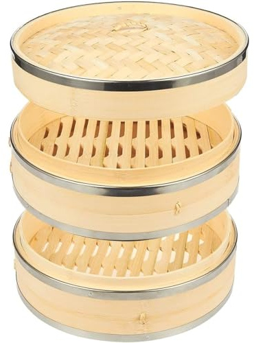 Juvale Bamboo Steamer With Steel Rings - 2-Tier Dumpling Bun Steamer, 10 X 6.7 Inches